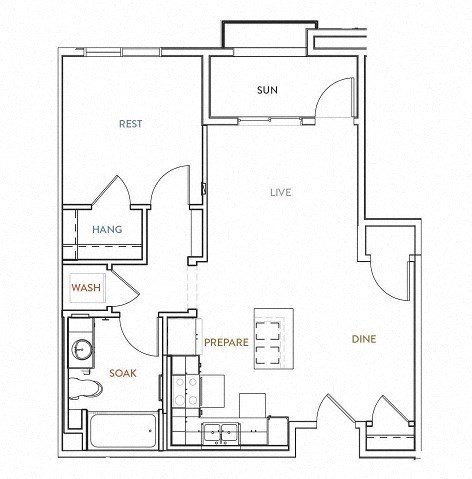 Floor plan for 1 bed, 1 bath, 729 sqft